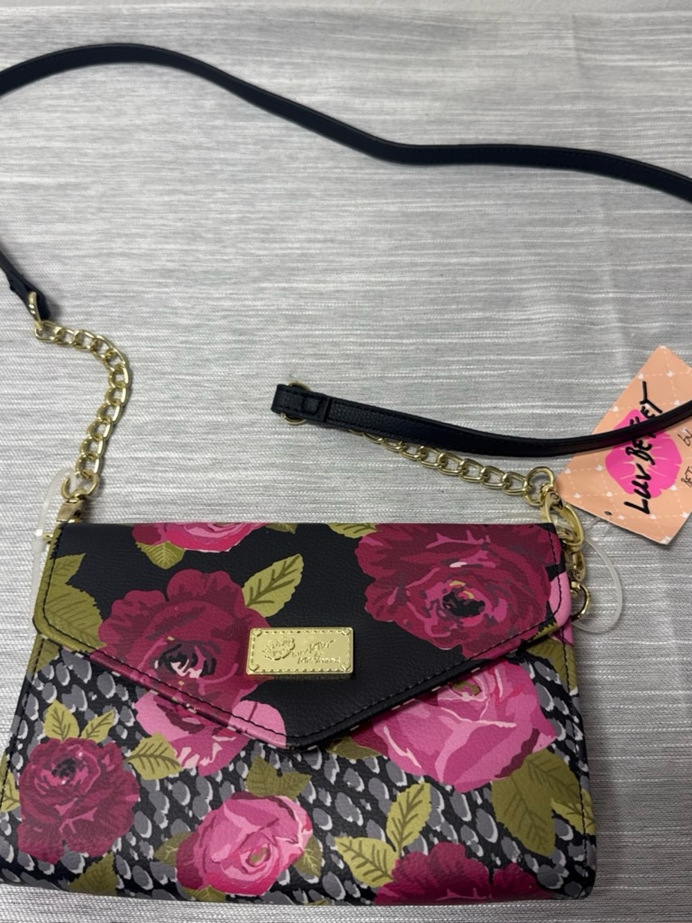 Floral Crossbody Bag by Betsey in Black and Pink with matching wallet